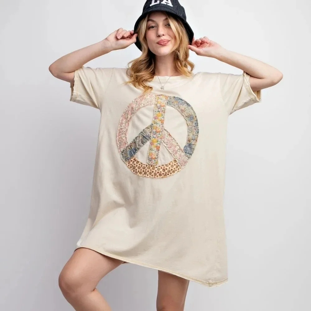 New! Easel Peace Patch Washed Cotton Jersey T-Shirt Tunic Dress L